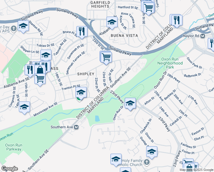 map of restaurants, bars, coffee shops, grocery stores, and more near 3486 23rd Street Southeast in Washington