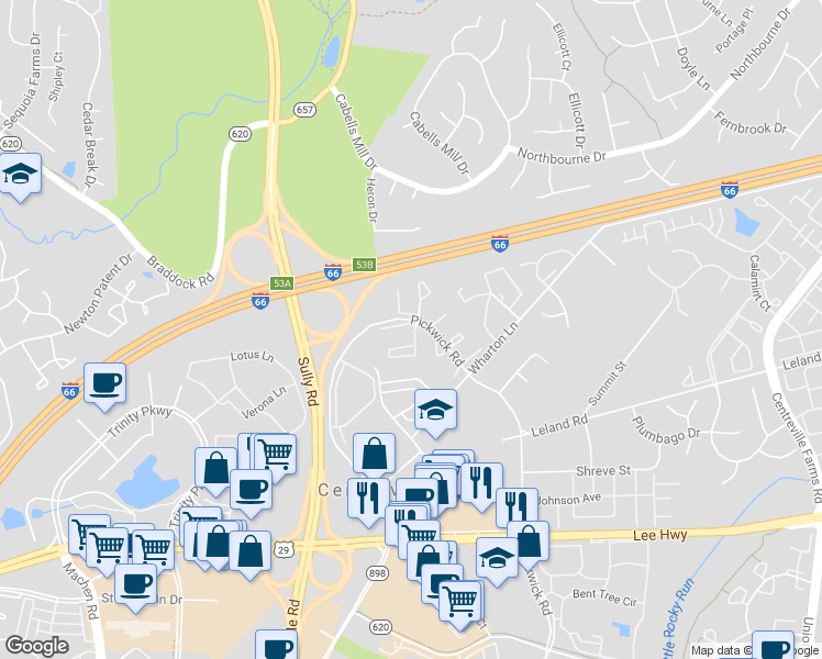 map of restaurants, bars, coffee shops, grocery stores, and more near 13901 Barnsley Place in Centreville