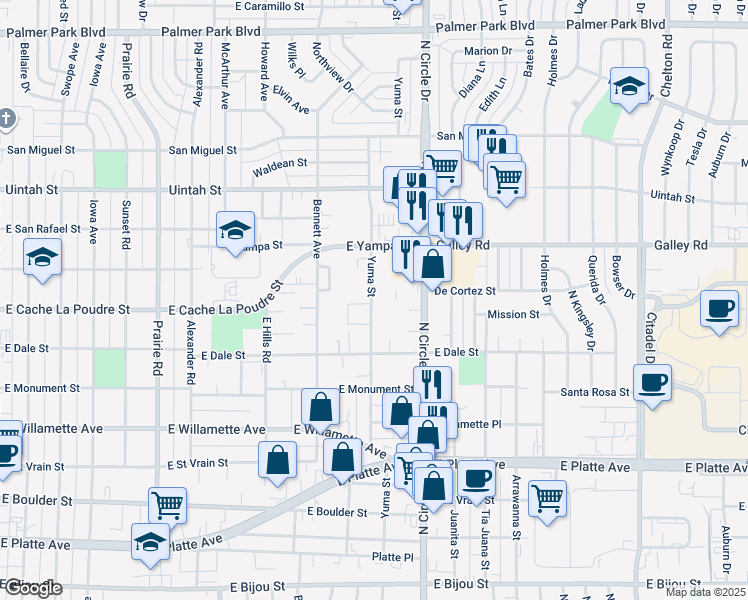 map of restaurants, bars, coffee shops, grocery stores, and more near 873 Yuma Street in Colorado Springs