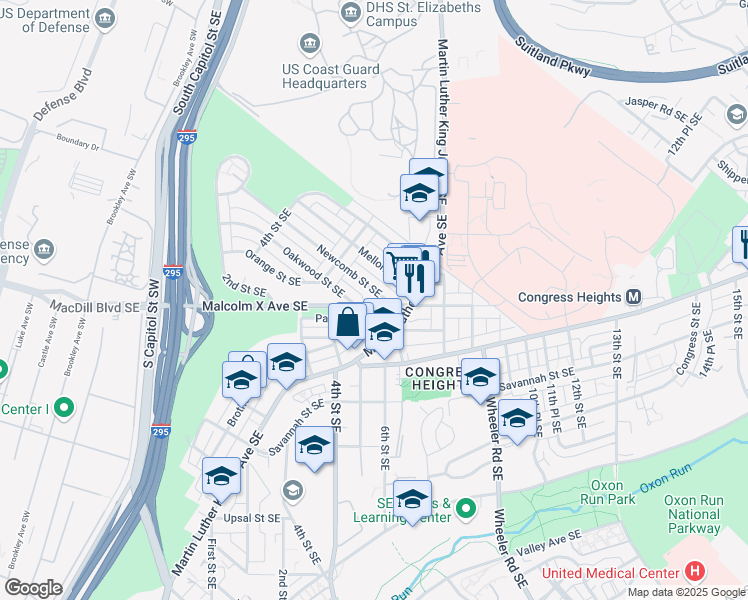 map of restaurants, bars, coffee shops, grocery stores, and more near 566 Malcolm X Avenue Southeast in Washington
