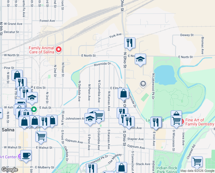 map of restaurants, bars, coffee shops, grocery stores, and more near 301 North Kansas Avenue in Salina