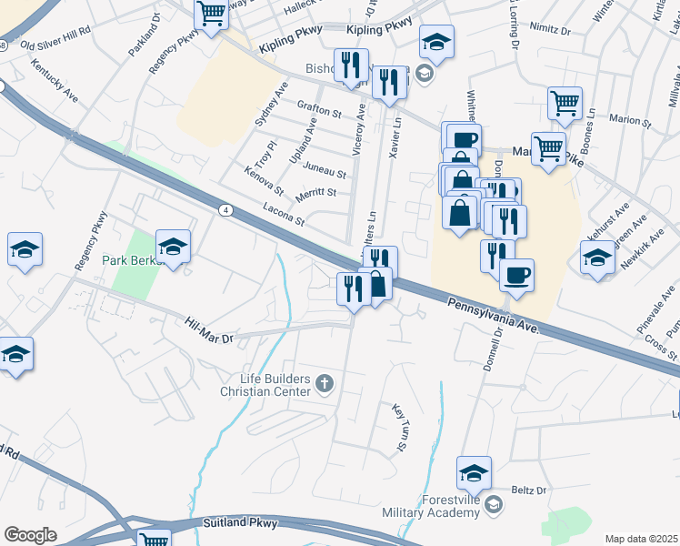 map of restaurants, bars, coffee shops, grocery stores, and more near 3205 Pennsylvania Avenue in District Heights