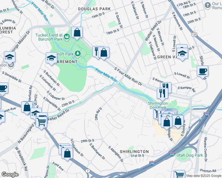 map of restaurants, bars, coffee shops, grocery stores, and more near 2427 South Walter Reed Drive in Arlington