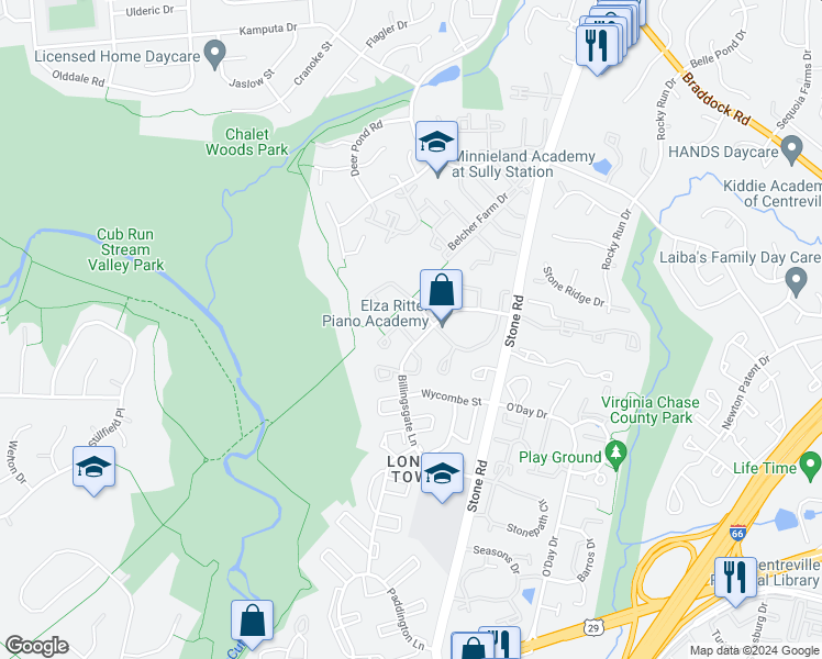 map of restaurants, bars, coffee shops, grocery stores, and more near 14806 Lynhodge Court in Centreville