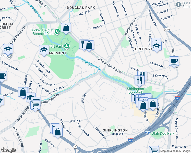 map of restaurants, bars, coffee shops, grocery stores, and more near 2427 South Walter Reed Drive in Arlington