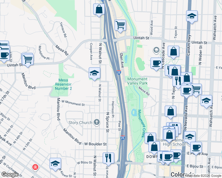 map of restaurants, bars, coffee shops, grocery stores, and more near 829 North Spruce Street in Colorado Springs
