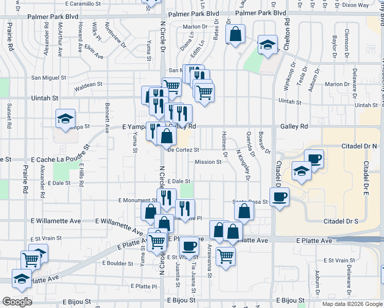 map of restaurants, bars, coffee shops, grocery stores, and more near 3005 De Cortez Street in Colorado Springs