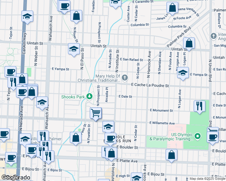 map of restaurants, bars, coffee shops, grocery stores, and more near 824 North Institute Street in Colorado Springs