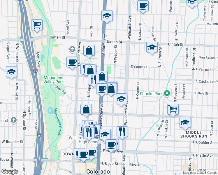 map of restaurants, bars, coffee shops, grocery stores, and more near 810 North Weber Street in Colorado Springs