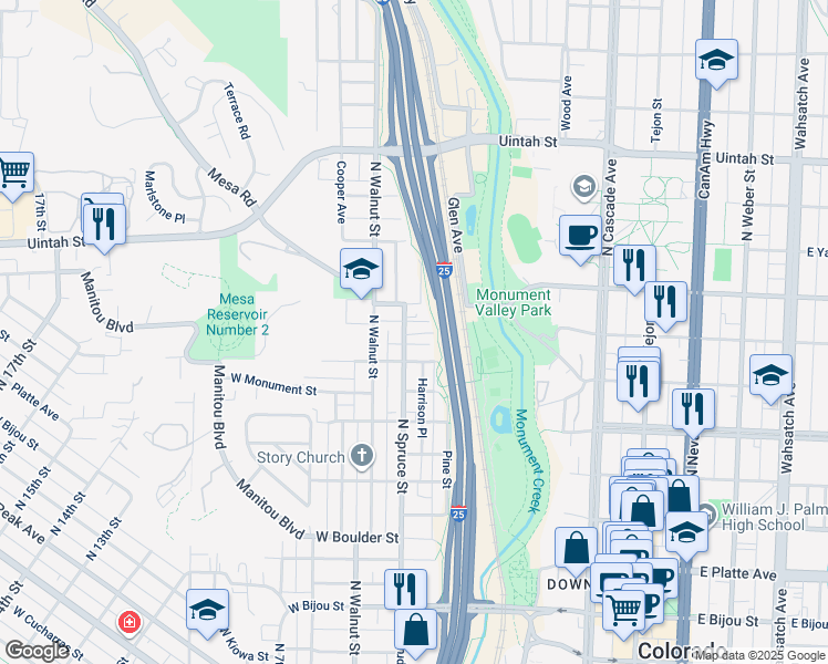map of restaurants, bars, coffee shops, grocery stores, and more near 829 North Spruce Street in Colorado Springs