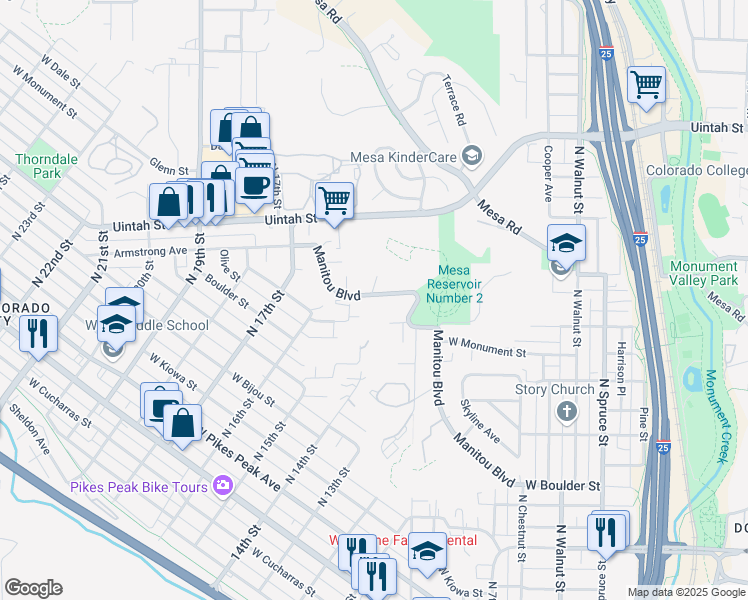 map of restaurants, bars, coffee shops, grocery stores, and more near 1501 Manitou Boulevard in Colorado Springs