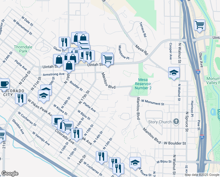 map of restaurants, bars, coffee shops, grocery stores, and more near 1530 Manitou Boulevard in Colorado Springs
