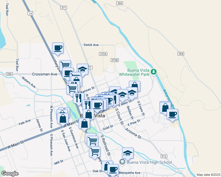 map of restaurants, bars, coffee shops, grocery stores, and more near 502 Pinon Street in Buena Vista