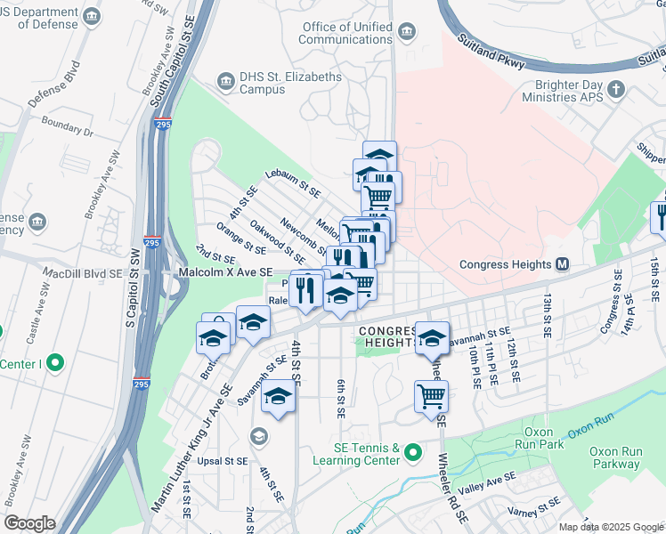 map of restaurants, bars, coffee shops, grocery stores, and more near 555 Newcomb Street Southeast in Washington
