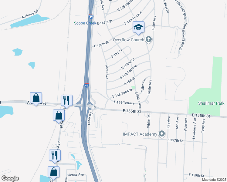 map of restaurants, bars, coffee shops, grocery stores, and more near 6005 East 153 Street in Grandview