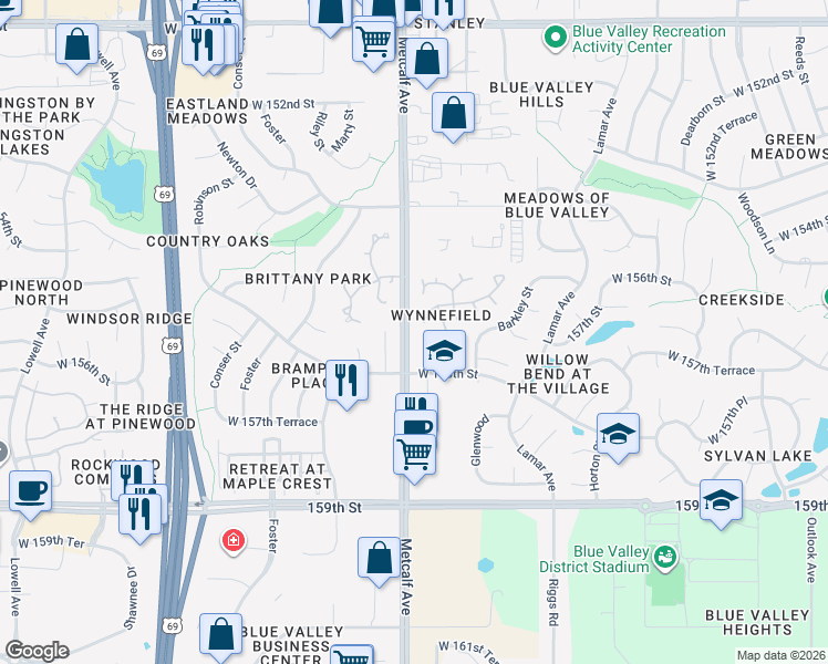 map of restaurants, bars, coffee shops, grocery stores, and more near 15541 Floyd Street in Overland Park