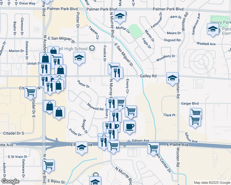 map of restaurants, bars, coffee shops, grocery stores, and more near 918 North Murray Boulevard in Colorado Springs