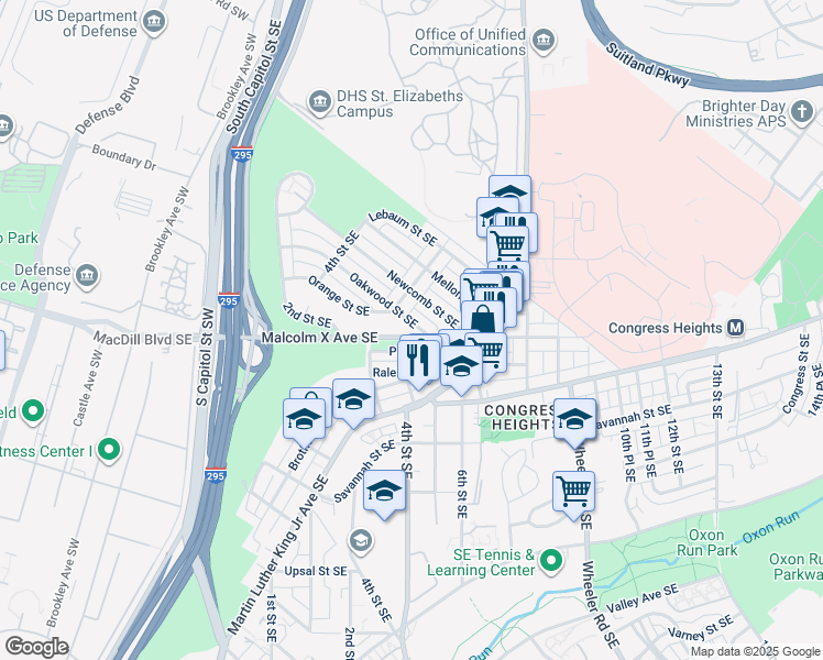 map of restaurants, bars, coffee shops, grocery stores, and more near 525 Oakwood Street Southeast in Washington