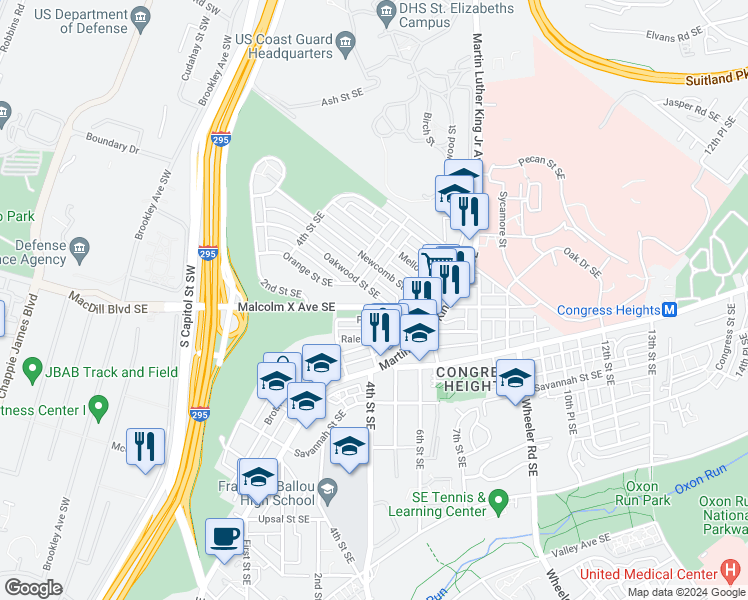 map of restaurants, bars, coffee shops, grocery stores, and more near 525 Oakwood Street Southeast in Washington