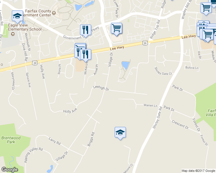 map of restaurants, bars, coffee shops, grocery stores, and more near 4519 Village Drive in Fairfax
