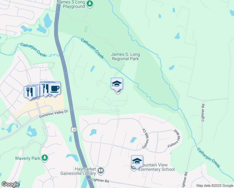 map of restaurants, bars, coffee shops, grocery stores, and more near 15000 Graduation Drive in Haymarket