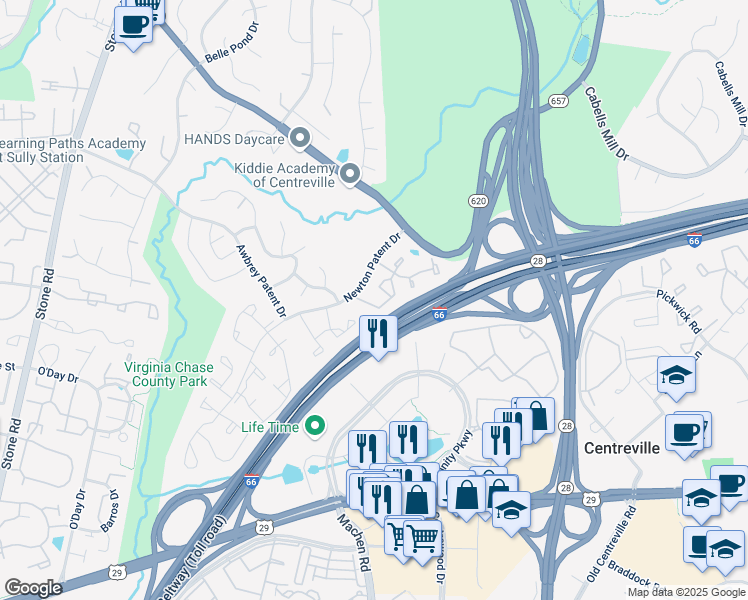 map of restaurants, bars, coffee shops, grocery stores, and more near 14258 Heritage Crossing Lane in Centreville