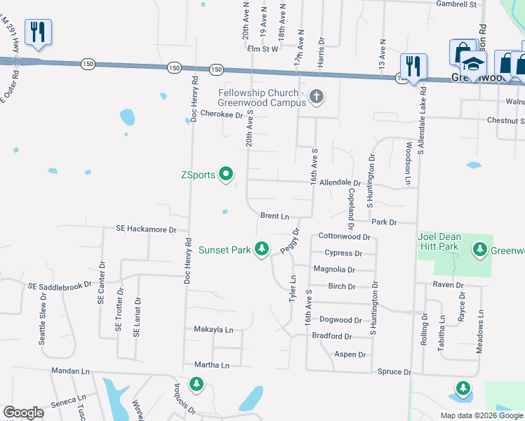 map of restaurants, bars, coffee shops, grocery stores, and more near 1904 Brent Lane in Greenwood