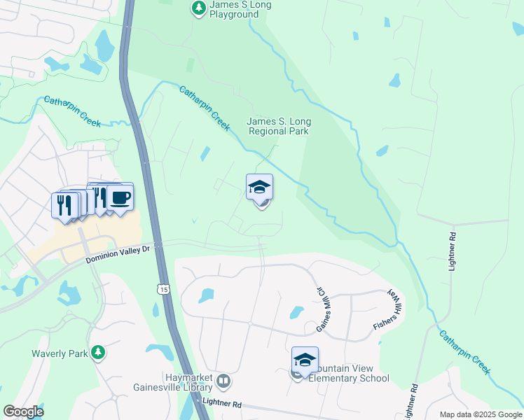 map of restaurants, bars, coffee shops, grocery stores, and more near 15000 Graduation Drive in Haymarket