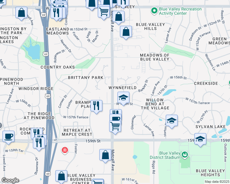 map of restaurants, bars, coffee shops, grocery stores, and more near 15541 Floyd Street in Overland Park