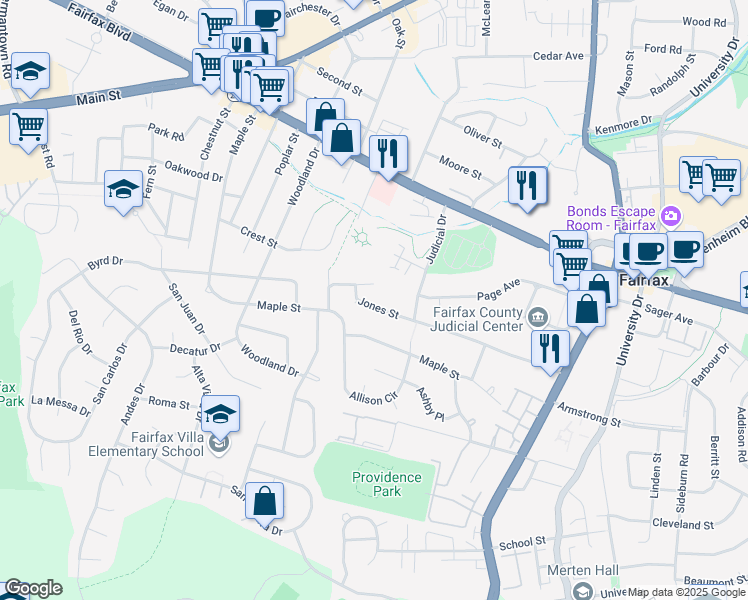 map of restaurants, bars, coffee shops, grocery stores, and more near 10714 Jones Street in Fairfax