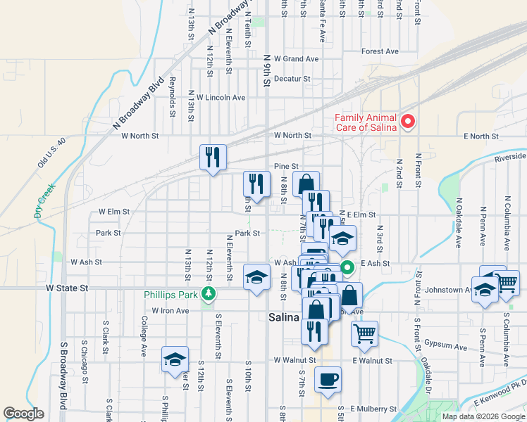 map of restaurants, bars, coffee shops, grocery stores, and more near 301 North 9th Street in Salina