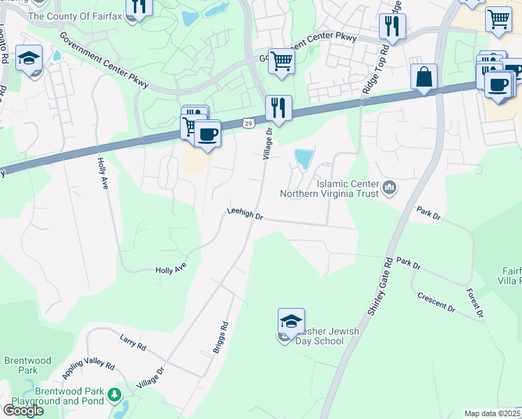 map of restaurants, bars, coffee shops, grocery stores, and more near 4519 Village Drive in Fairfax