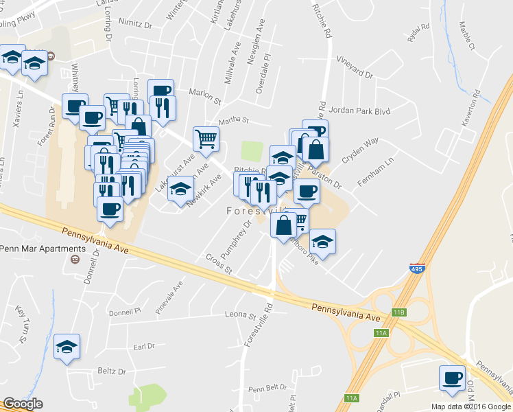 map of restaurants, bars, coffee shops, grocery stores, and more near 7607 Marlboro Pike in District Heights