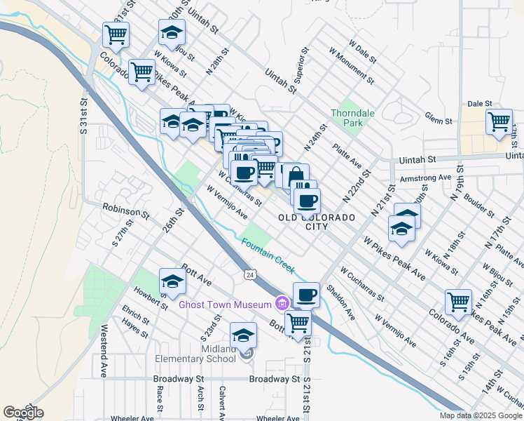 map of restaurants, bars, coffee shops, grocery stores, and more near 203 South 24th Street in Colorado Springs