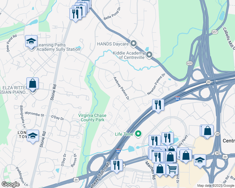 map of restaurants, bars, coffee shops, grocery stores, and more near 14442 Black Horse Court in Centreville