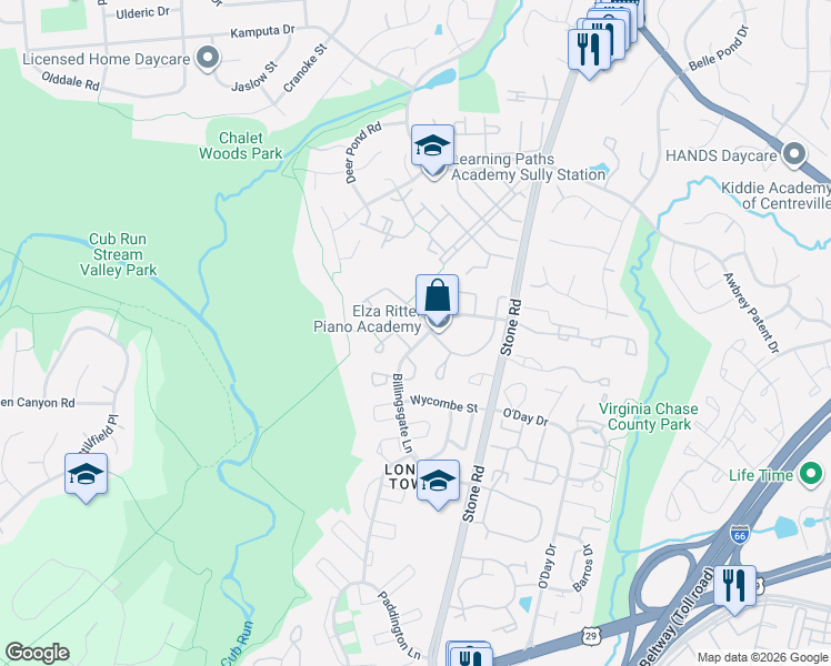 map of restaurants, bars, coffee shops, grocery stores, and more near 14771 Basingstoke Loop in Centreville