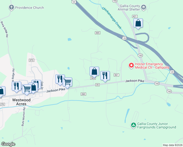 map of restaurants, bars, coffee shops, grocery stores, and more near 107 Colonial Drive in Gallipolis