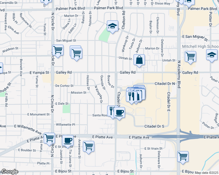 map of restaurants, bars, coffee shops, grocery stores, and more near 914 Bowser Dr in Colorado Springs