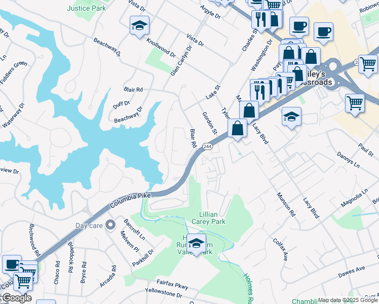 map of restaurants, bars, coffee shops, grocery stores, and more near 3601 Malibu Circle in Falls Church