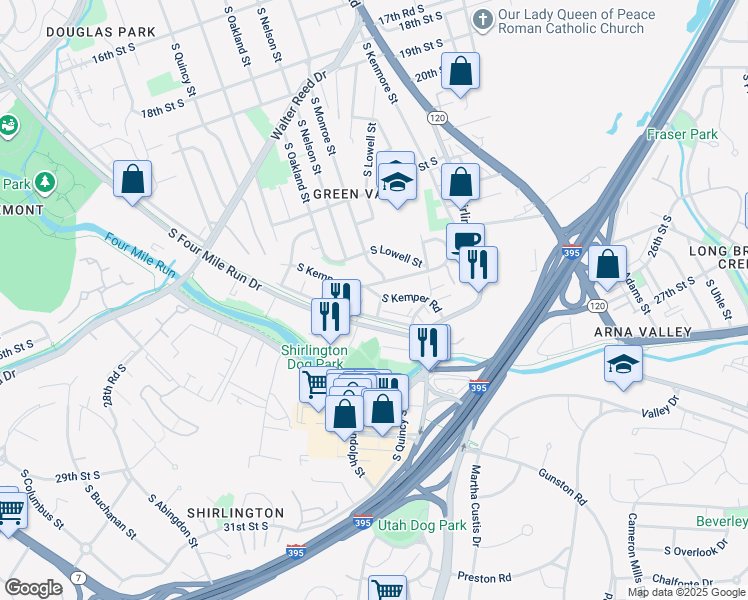 map of restaurants, bars, coffee shops, grocery stores, and more near 3602 Kemper Road in Arlington