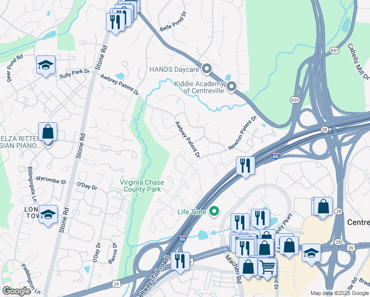 map of restaurants, bars, coffee shops, grocery stores, and more near 14438 Black Horse Court in Centreville