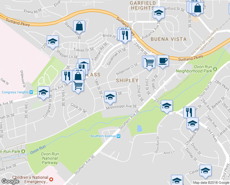 map of restaurants, bars, coffee shops, grocery stores, and more near 1906 Trenton Place Southeast in Washington