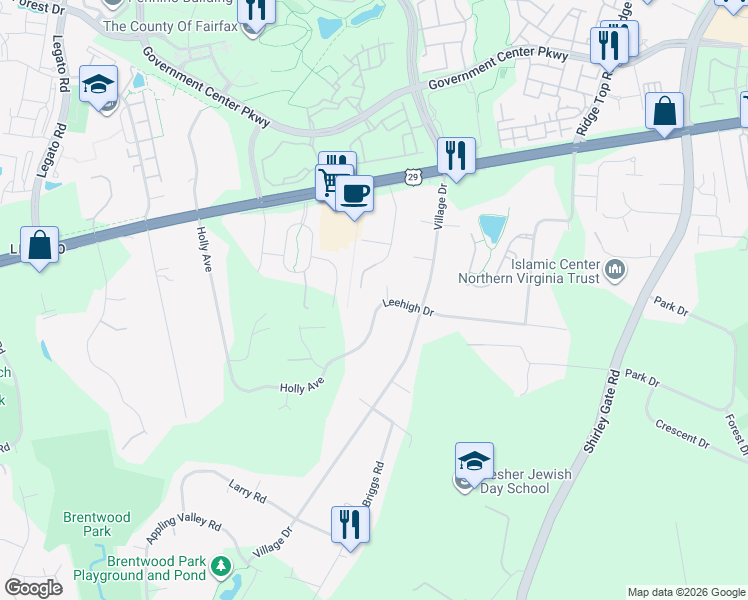map of restaurants, bars, coffee shops, grocery stores, and more near 11642 Leehigh Drive in Fairfax