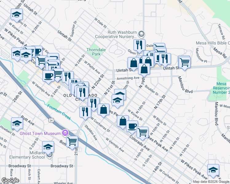 map of restaurants, bars, coffee shops, grocery stores, and more near 218 North 20th Street in Colorado Springs