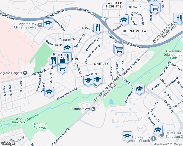 map of restaurants, bars, coffee shops, grocery stores, and more near 1906 Trenton Place Southeast in Washington
