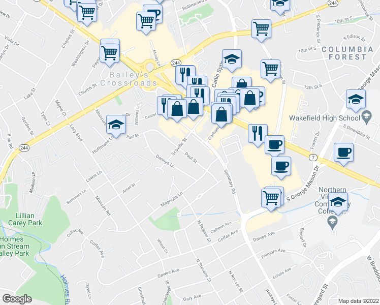 map of restaurants, bars, coffee shops, grocery stores, and more near 3605 Paul Street in Alexandria