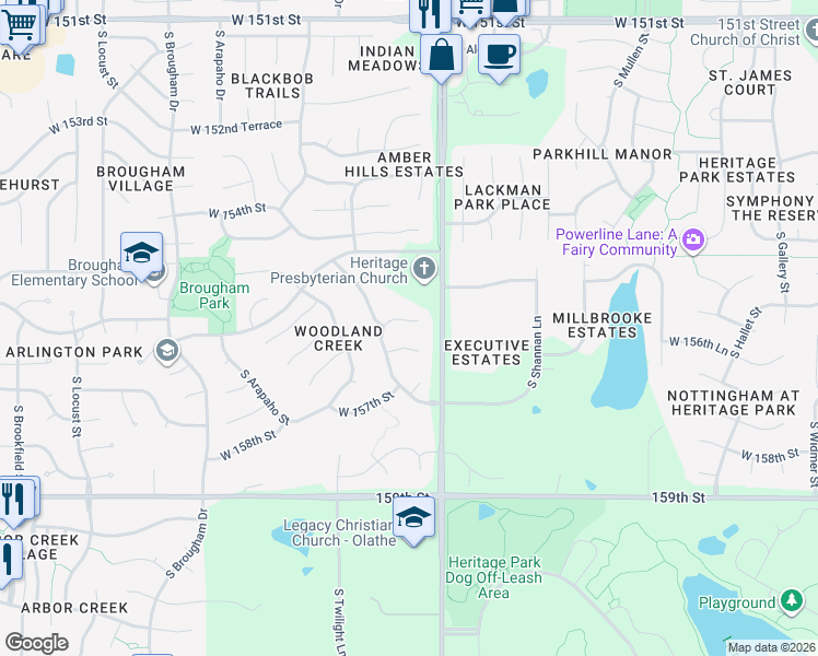 map of restaurants, bars, coffee shops, grocery stores, and more near 15127 West 156th Street in Olathe