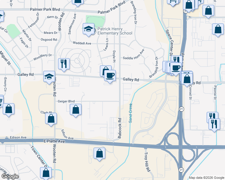 map of restaurants, bars, coffee shops, grocery stores, and more near 880 Babcock Road in Colorado Springs