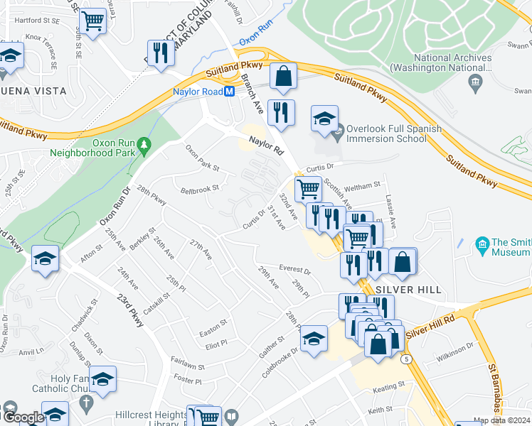 map of restaurants, bars, coffee shops, grocery stores, and more near 3007 Curtis Drive in Temple Hills