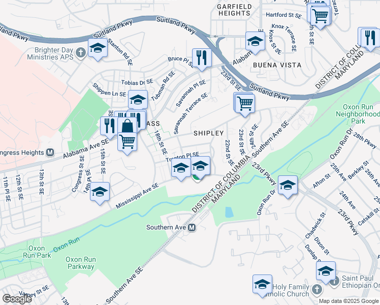 map of restaurants, bars, coffee shops, grocery stores, and more near 1910 Trenton Place Southeast in Washington